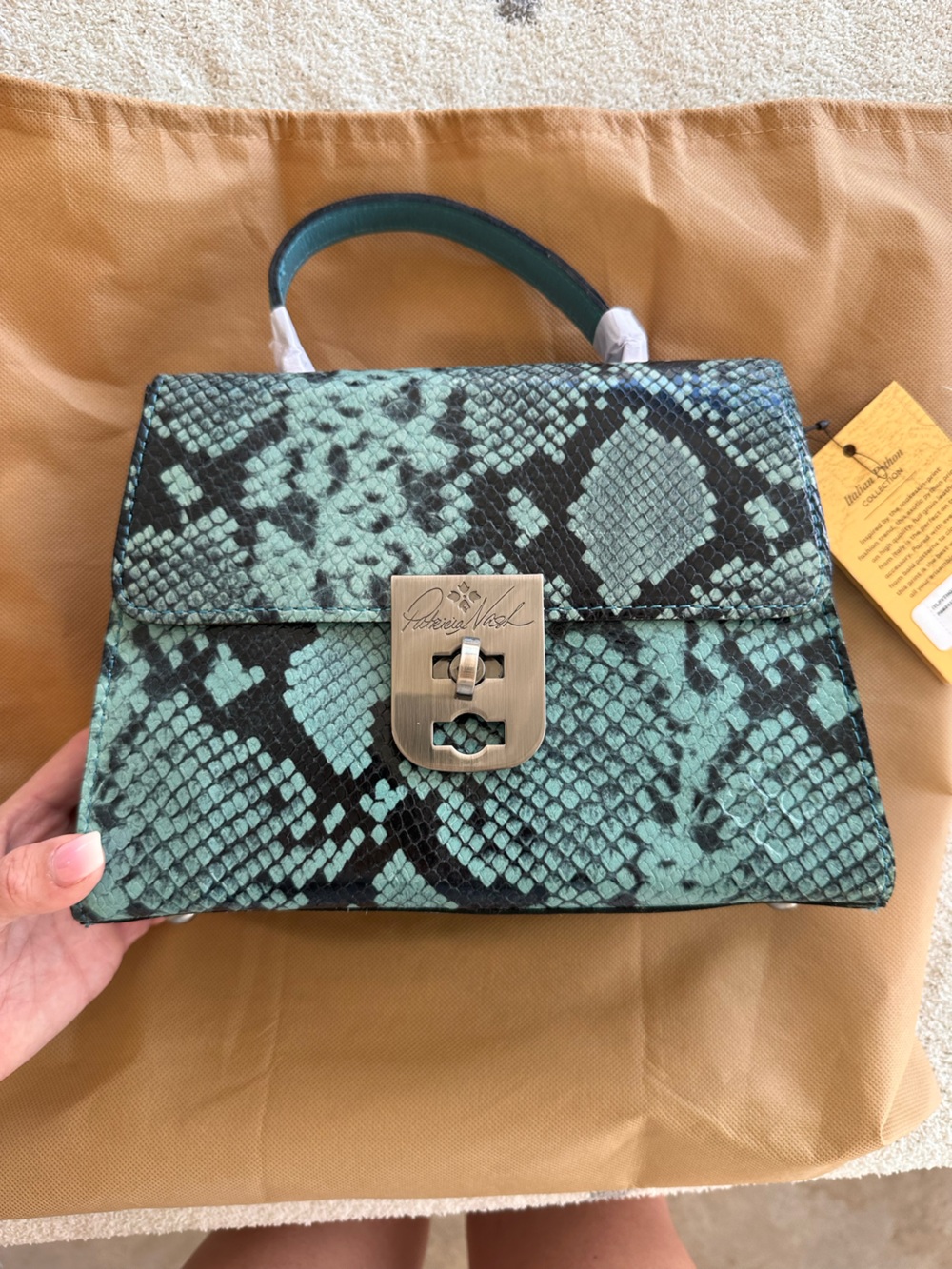 Patricia Nash Mint Green & Black Snake-Print Satchel
